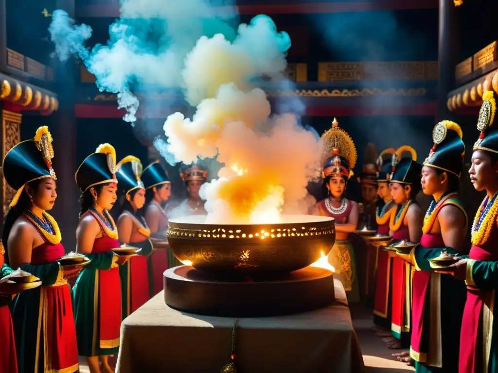 Rituales tradicionales en realidad aumentada: Ceremonia ritual en templo ornado, con humo de incienso y danzas vibrantes