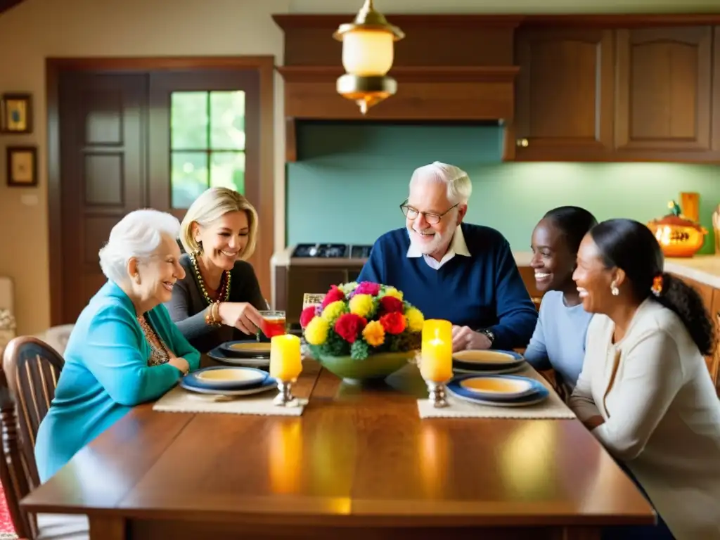 Rituales y tradiciones familiares en casa: Cuatro generaciones reunidas alrededor de una mesa de madera, compartiendo amor, historias y sabiduría