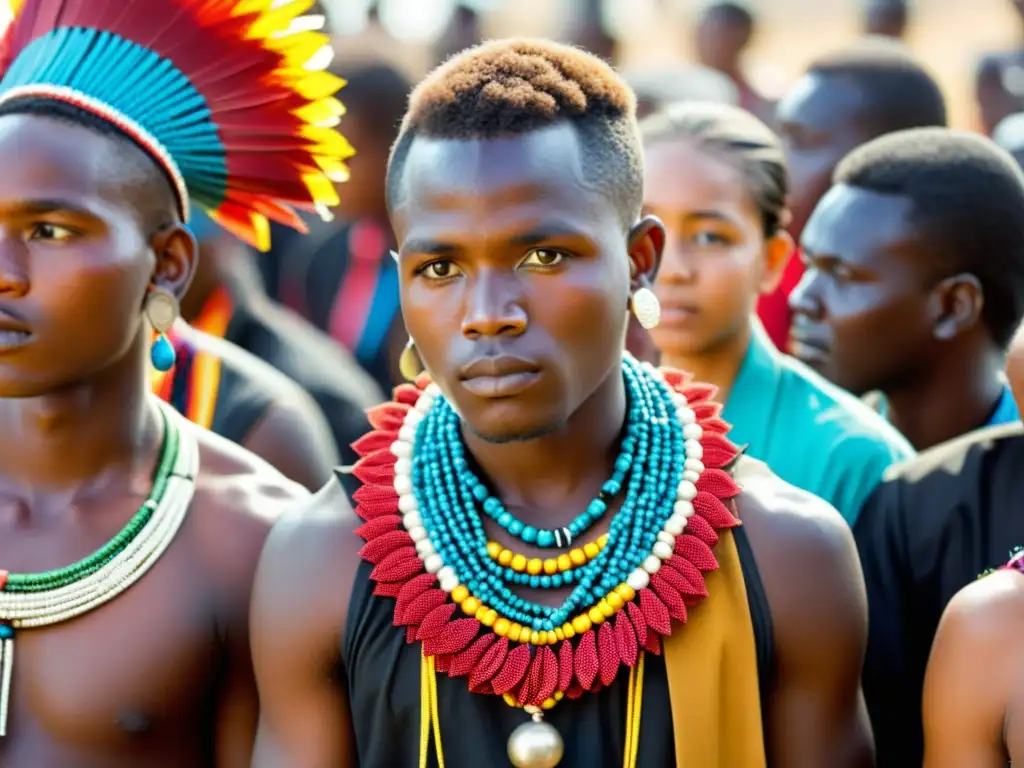 Rituales de graduación en tribus africanas: Jóvenes vistiendo atuendos tradicionales participan en una colorida ceremonia bajo el atardecer africano