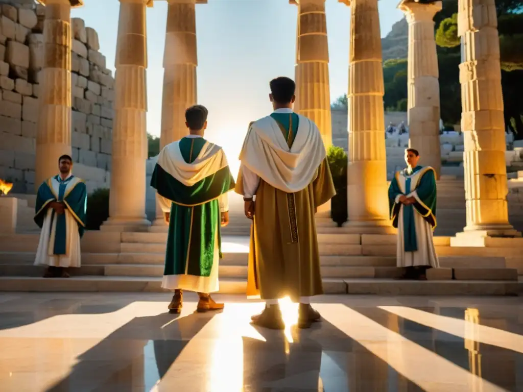 Rituales de graduación en Grecia Clásica: Jóvenes con túnicas griegas reciben laureles y sabiduría en un antiguo templo de mármol