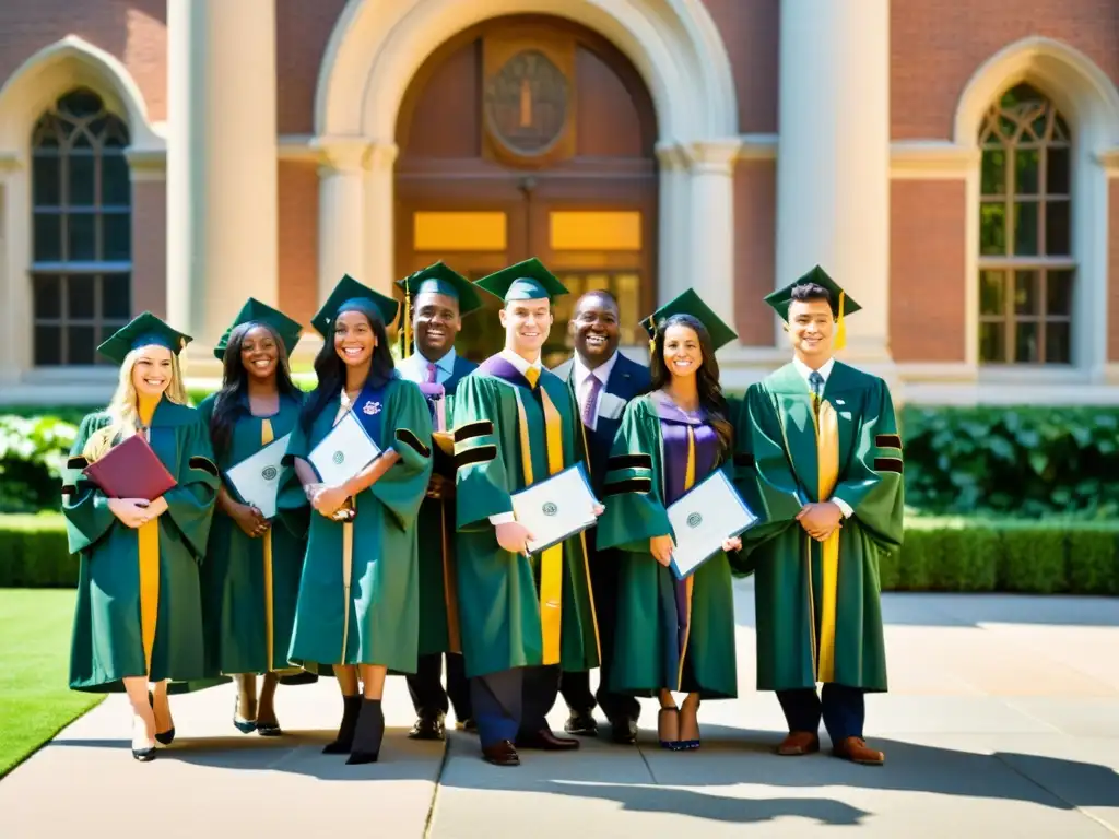 Rituales de graduación en universidades: Emotiva imagen de graduados de Ivy League con diplomas, rodeados de familia y la arquitectura icónica de la universidad, expresando logro y orgullo