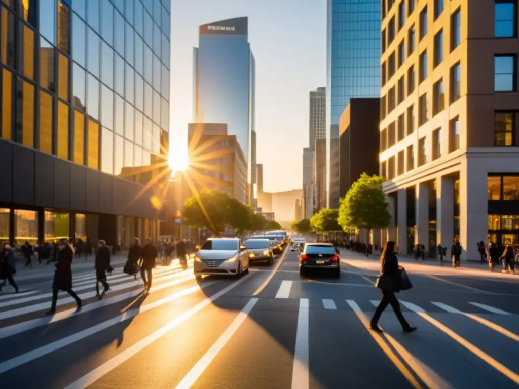 Rituales urbanos para vida cotidiana: Amanecer en la bulliciosa ciudad, con gente y autos en movimiento, reflejos dorados y energía matutina