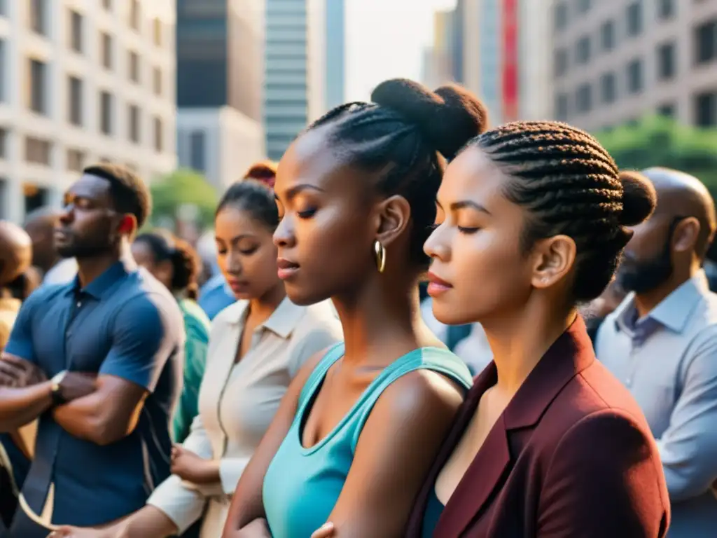 Rituales urbanos para vida cotidiana: Grupo diverso en círculo, manos unidas, ojos cerrados, en medio de bulliciosa ciudad iluminada