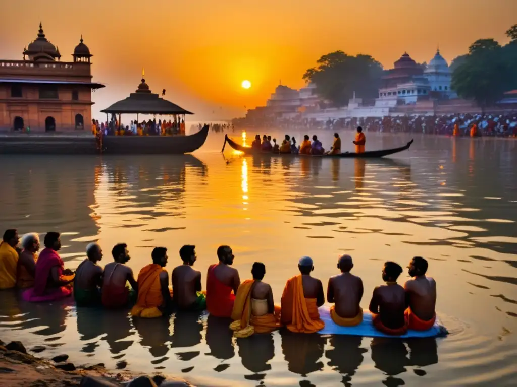 Hindúes realizando rituales de purificación en el Ganges al amanecer, con vestimenta tradicional y luz dorada reflejada en el agua