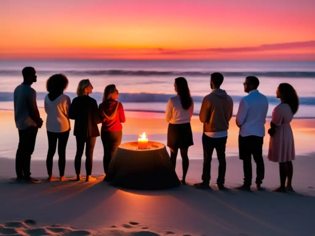 Rituales de transición de vida: Grupo en círculo en la playa al atardecer, compartiendo historias junto a velas encendidas