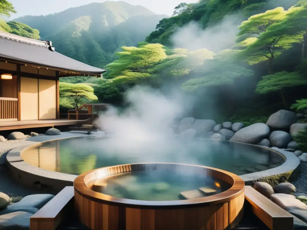 Rituales de purificación en Onsen: una vista serena de un onsen japonés rodeado de naturaleza montañosa, evocando paz y armonía