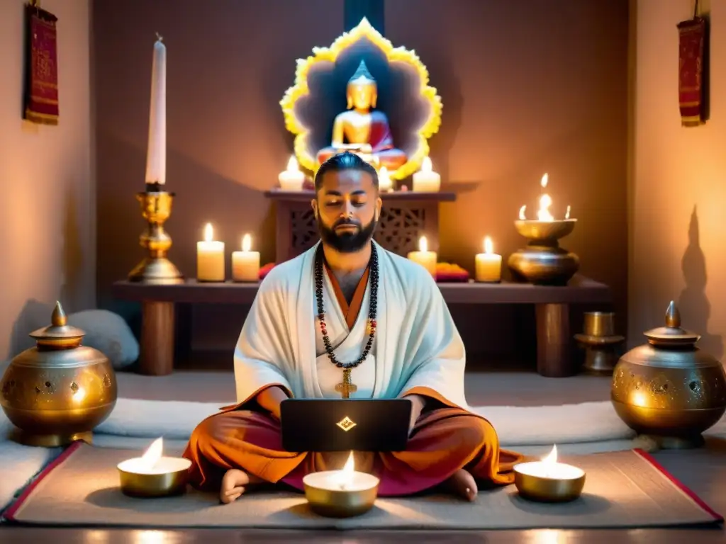 Rituales de transmisión en vivo: Líder espiritual guía meditación en hermoso espacio con velas e incienso, creando atmósfera serena y conectada