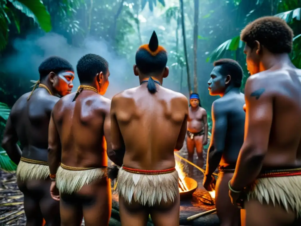 Rituales de iniciación guerreros Yanomami en la selva amazónica: pinturas corporales, plumas y fogata crean una atmósfera de poder ancestral