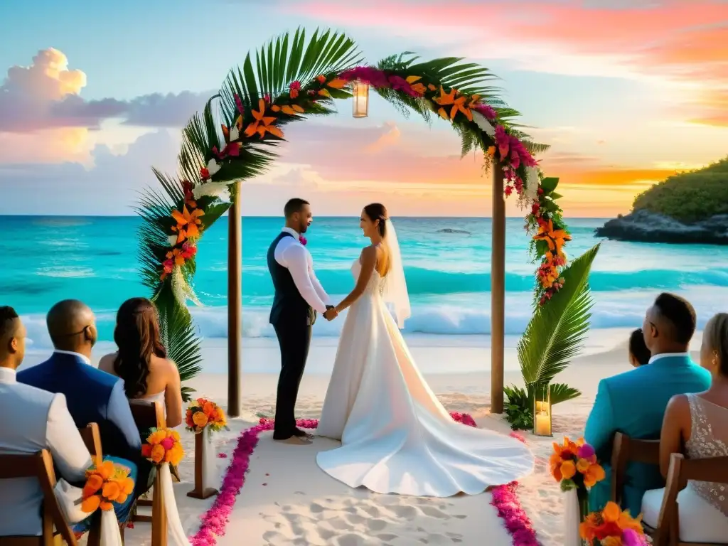 Una romántica boda en la playa al atardecer en un destino tropical con un ambiente lujoso y exótico