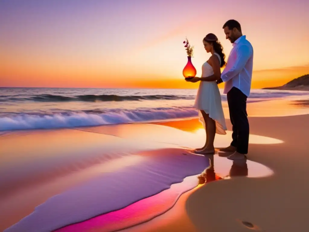 Una romántica ceremonia de arena paso a paso en la playa al atardecer, con una pareja derramando arena de colores en un jarrón