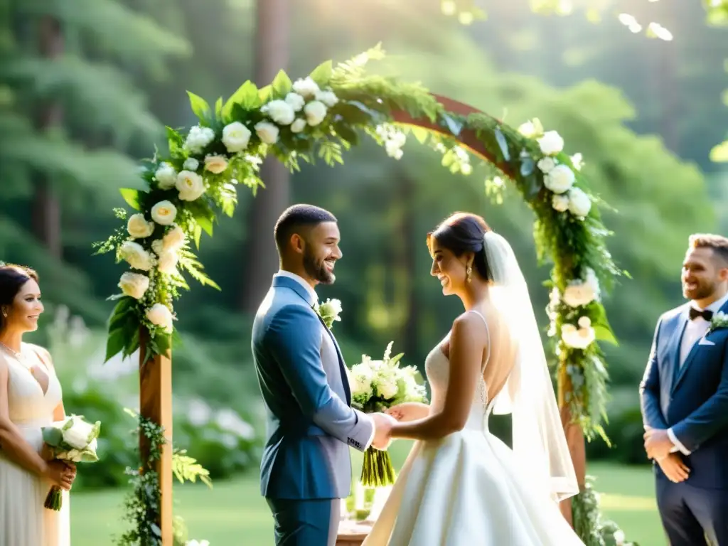 Una romántica ceremonia de boda al aire libre en un claro de bosque, con un arco de madera natural adornado con flores frescas y follaje