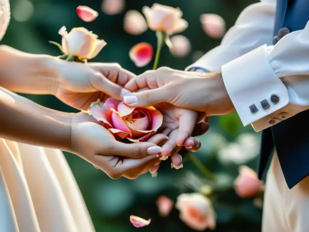 Romántica lluvia de pétalos en manos entrelazadas de novios, simbolizando amor y tradición en bodas