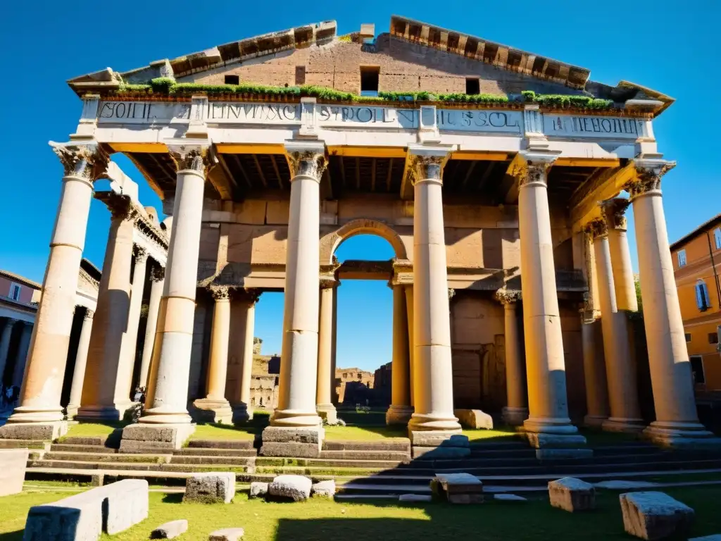 Ruinas del antiguo templo romano de Sol Invictus con inscripciones relacionadas a los orígenes del solsticio en Roma, bajo el cielo azul