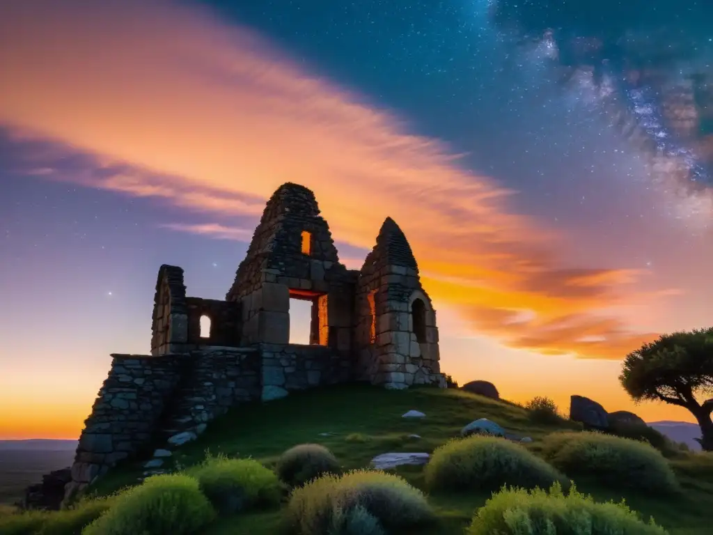 Ruinas de observatorio de piedra antigua en contraluz con un atardecer colorido y estrellas emergentes