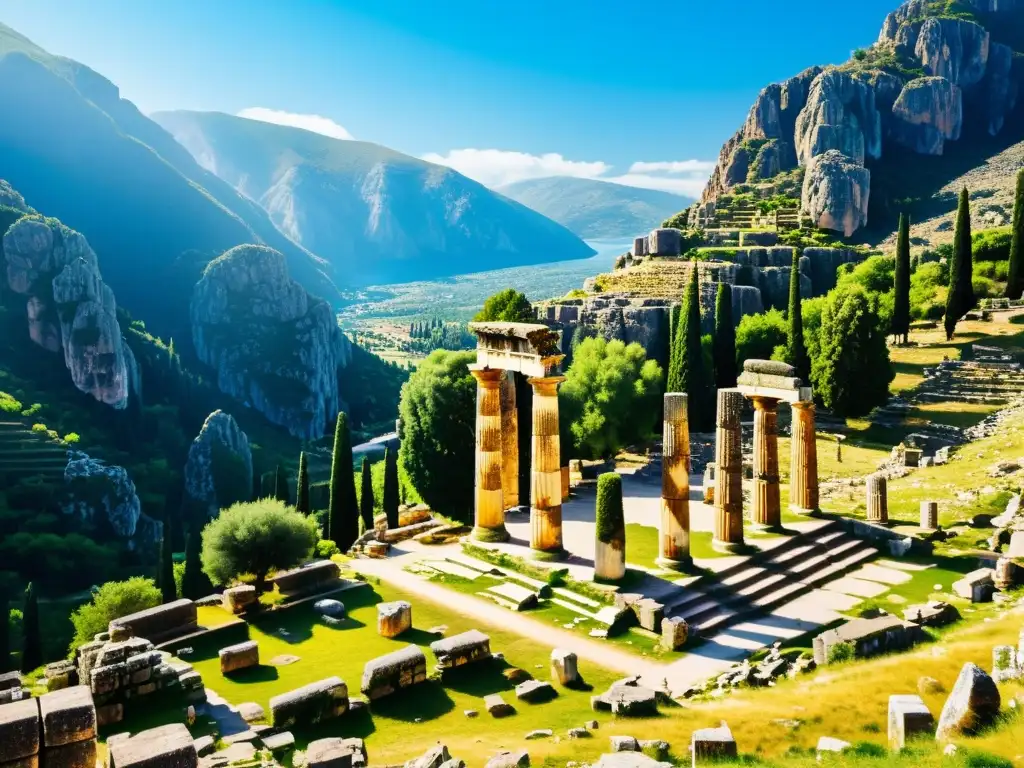 Ruinas del Oráculo de Delfos en la Antigua Grecia, con intrincadas esculturas de piedra y columnas, rodeadas de exuberante vegetación y cielo azul