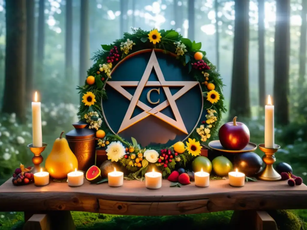 Sabbats wiccanos en la Rueda del Año: Imagen detallada de un altar Wiccan en el bosque, con una ceremonia mística y reverente