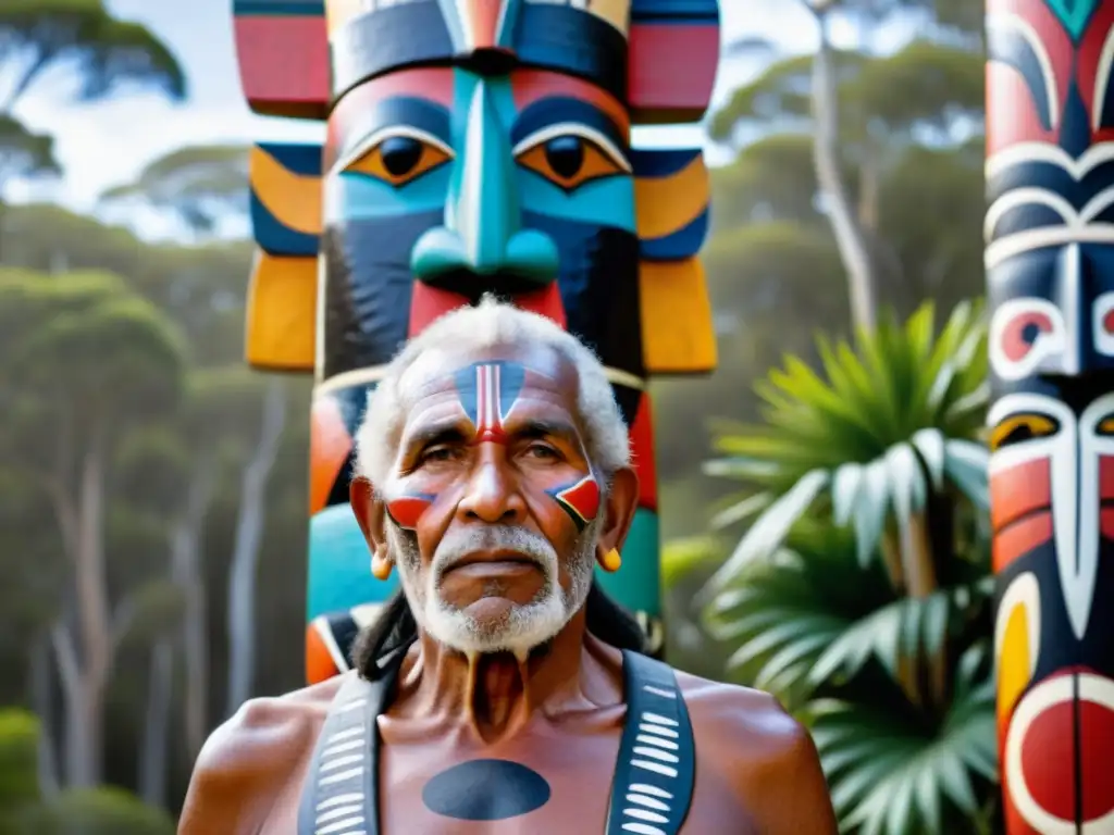 Un sabio anciano aborigen frente a un colorido tótem, rodeado de exuberante vegetación