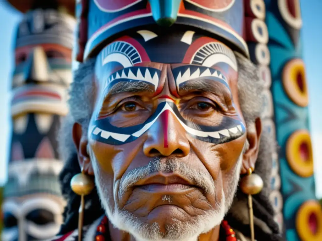 Un sabio anciano aborigen con pintura ceremonial, frente a un totem ricamente decorado, evocando la rica cultura y los rituales de conmemoración de la cultura aborigen