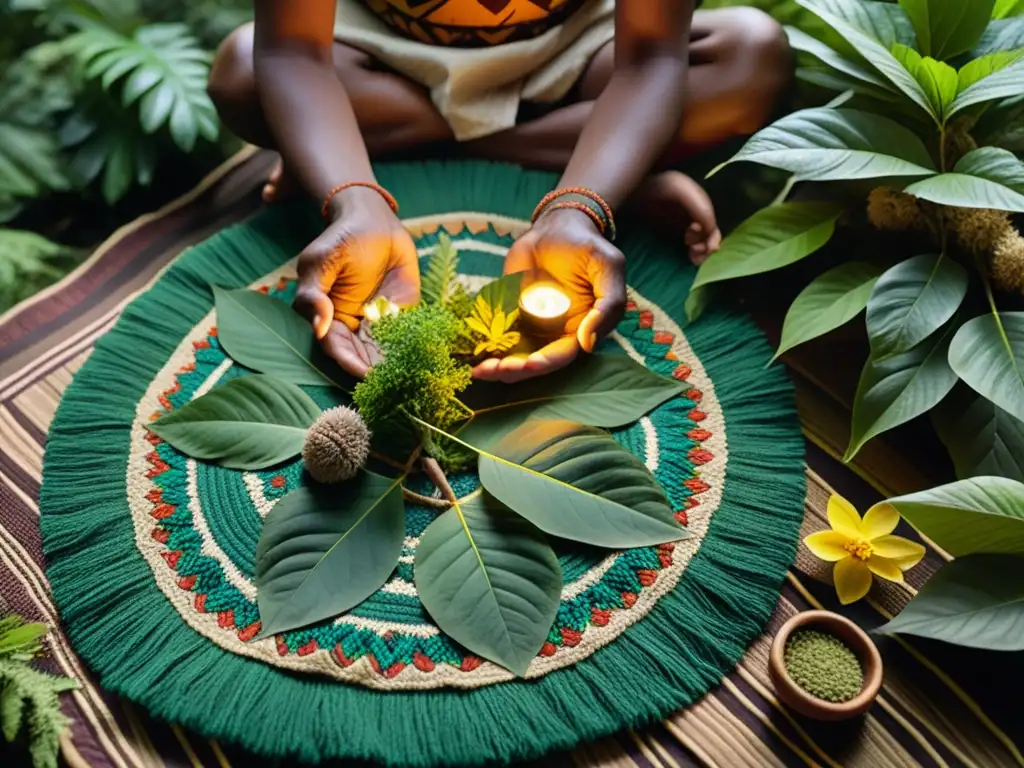 Un sabio chamán con manos curtidas arregla plantas medicinales en la selva, entre la luz matinal y rituales ancestrales