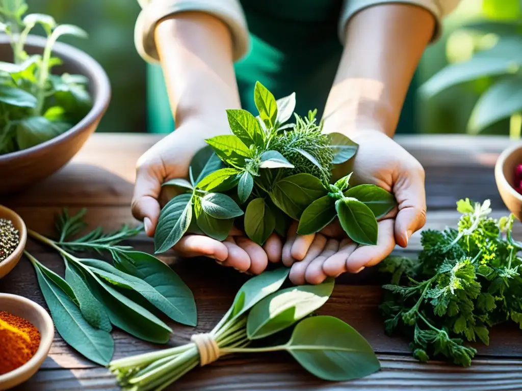 Un sabio recolecta hierbas y especias en rituales culinarios, conectando con la naturaleza y la tradición