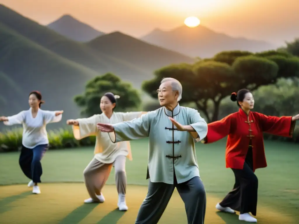 Un sabio maestro de qigong guía a un grupo en un entorno sereno al atardecer