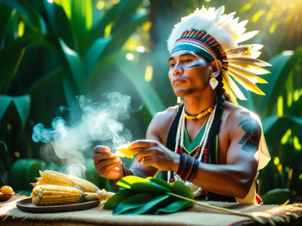 El sabio maya prepara comidas rituales religiosas entre cultivos vibrantes, en un escenario cálido y reverente