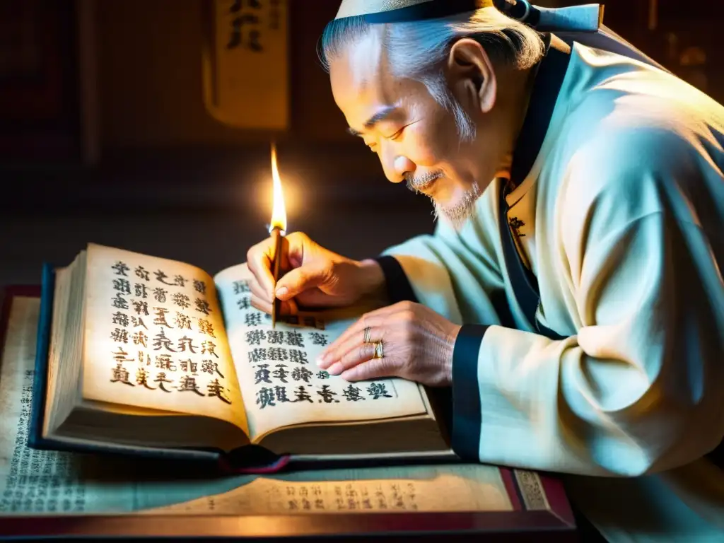 Un sabio sacerdote taoísta interpreta el I Ching en un manuscrito antiguo, creando una atmósfera de misticismo y sabiduría ancestral