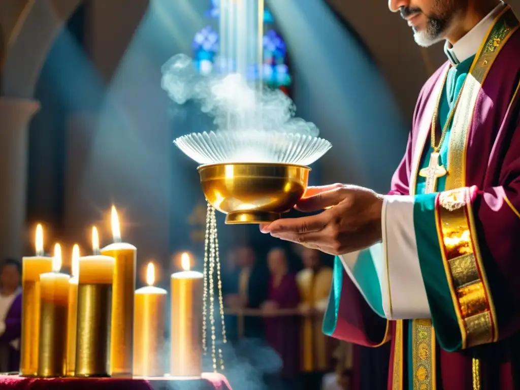 El sacerdote bendice el agua sagrada en una ceremonia religiosa