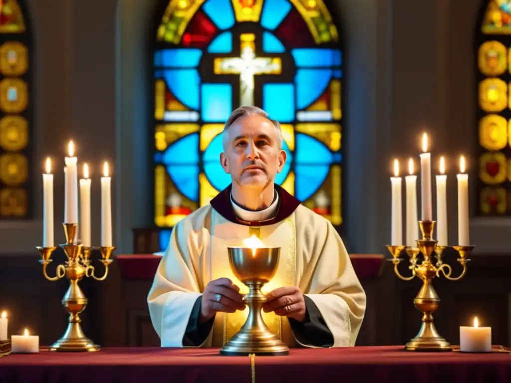 Un sacerdote realiza la Eucaristía en un altar, rodeado de luz de velas y vitrales