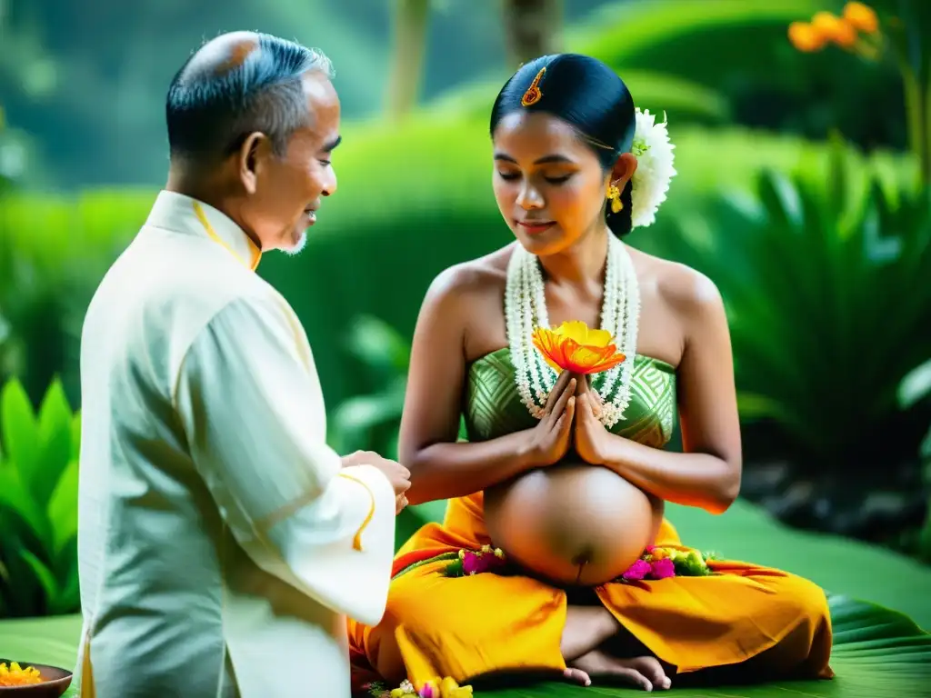 Un sacerdote balinés realiza ritos de nacimiento balineses para una madre expectante entre exuberante vegetación y flores vibrantes