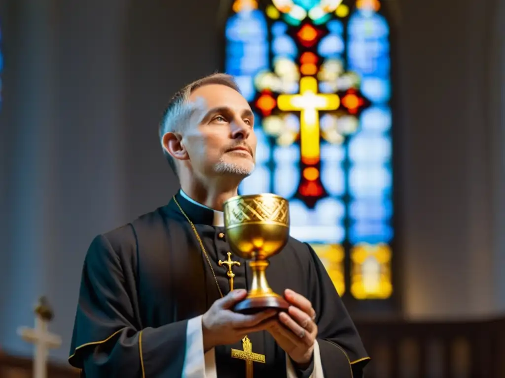 Imagen sagrada: Sacerdote con cáliz dorado en iglesia Un sacerdote con un cáliz dorado frente a vitral en una iglesia