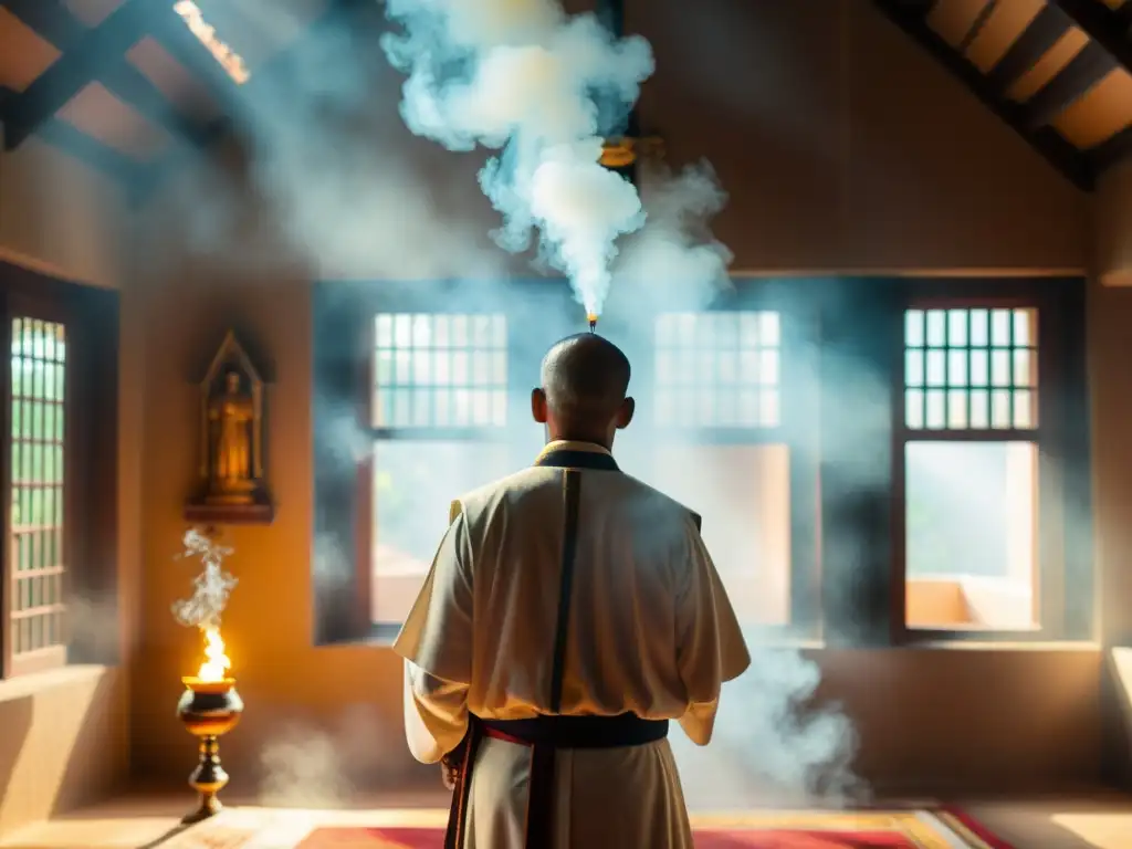 Un sacerdote bendice una casa nueva bajo la cálida luz del sol, con humo de incienso flotando en el aire