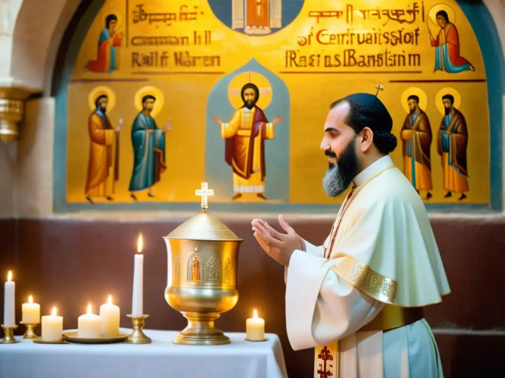 Un sacerdote copto realiza un ritual de bautizo en una iglesia centenaria, rodeado de murales religiosos