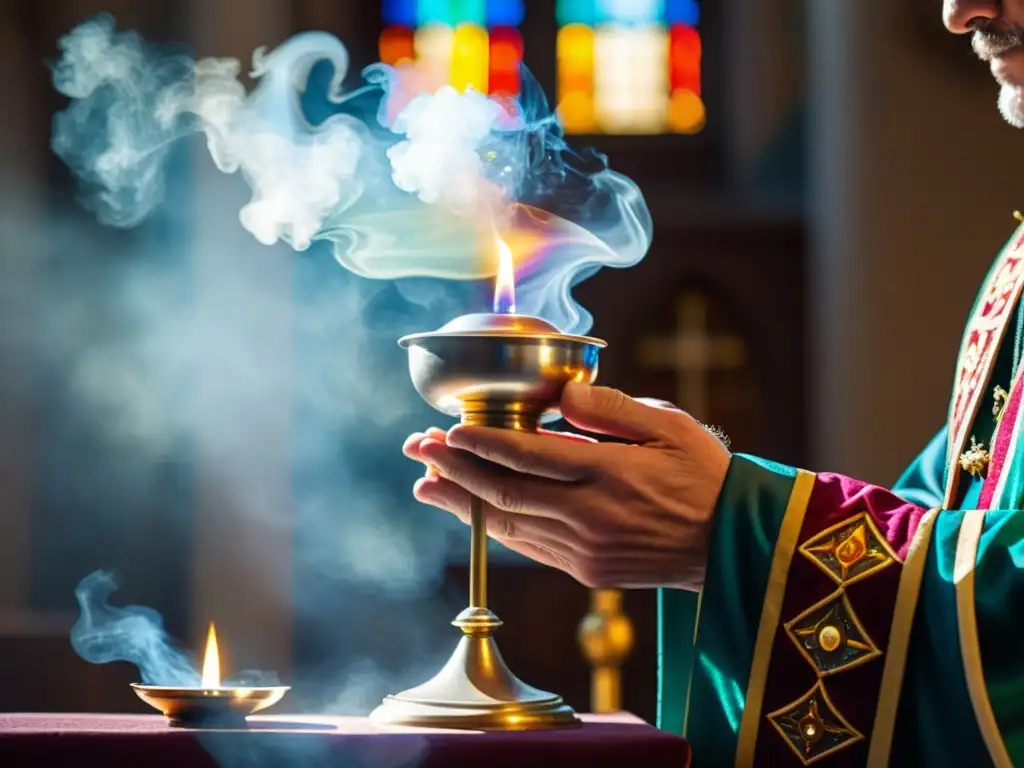 Un sacerdote sostiene un incensario de plata, liberando fragantes espirales de humo durante un ritual sacramental cristiano