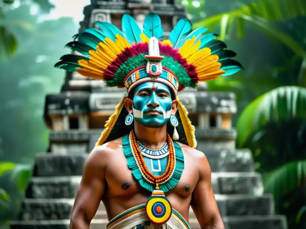 Un sacerdote maya con tocado ritual realiza danza ceremonial frente a templo en la selva