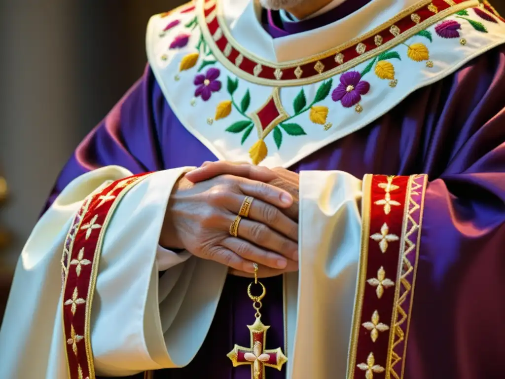 Un sacerdote sostiene con reverencia una casulla bordada, manifestando el rito investidura casulla manto caridad con delicadeza y devoción