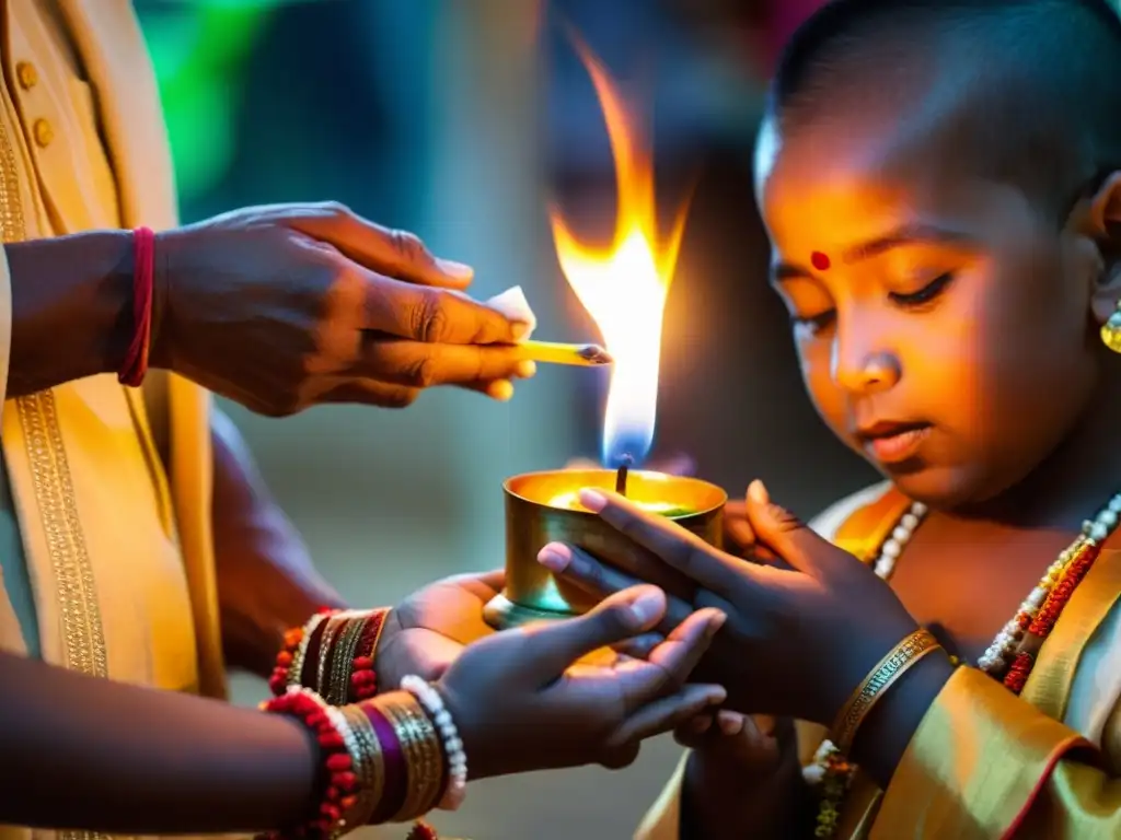 El sacerdote realiza el ritual Jatakarma, ungiendo al bebé con aceites sagrados y recitando mantras, mientras la familia observa con devoción