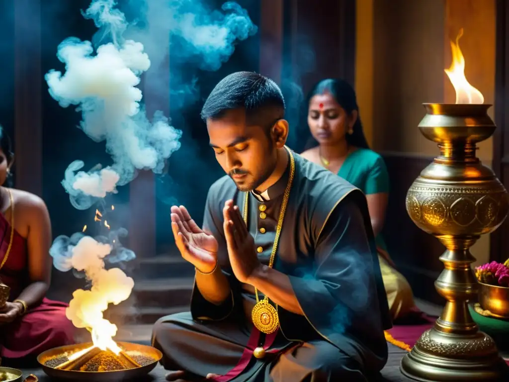 Un sacerdote realiza el ritual Jatakarma entre humo de incienso y objetos religiosos, mientras la familia observa con reverencia