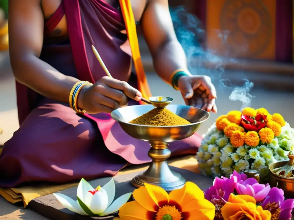 Un sacerdote hindú realiza un ritual samskara con incienso, flores y ofrendas, mostrando la profundidad espiritual y cultural