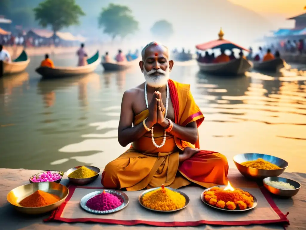 Un sacerdote hindú realiza un ritual samskara en el río Ganges, rodeado de ofrendas y decoraciones florales