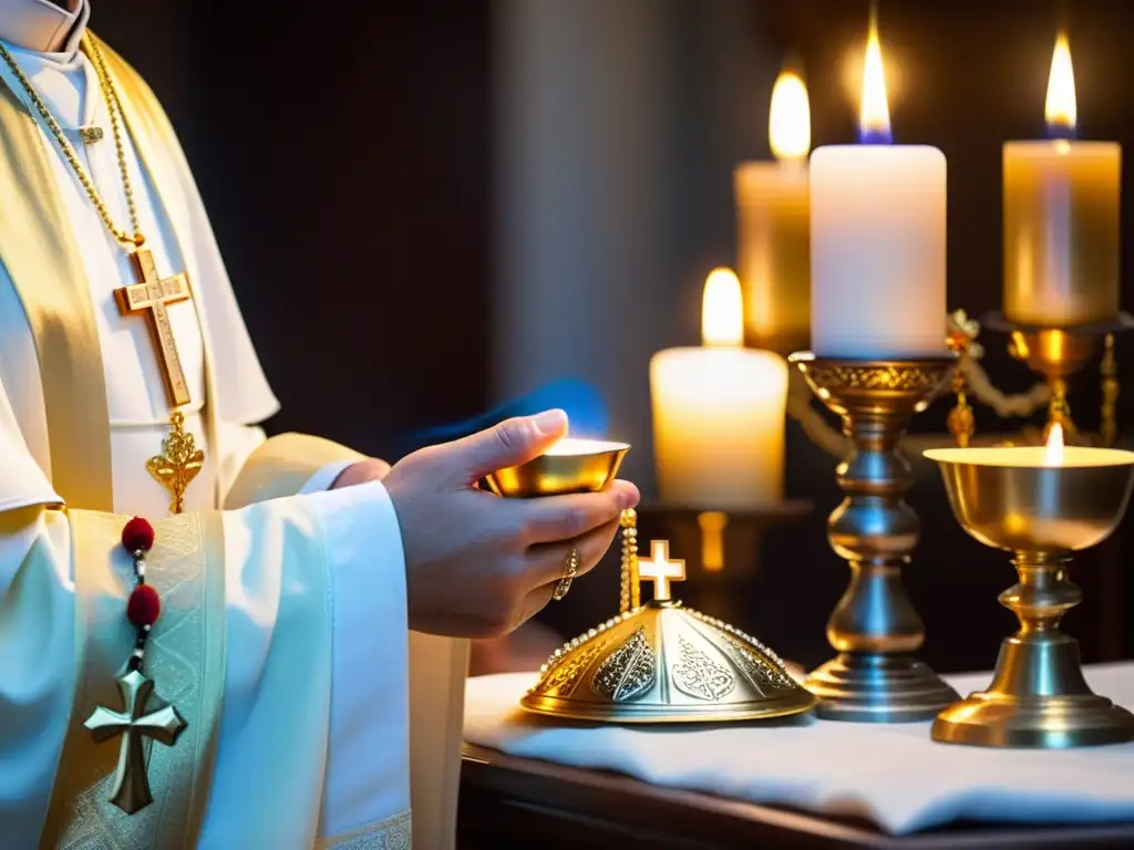 Un sacerdote bendice sacramentales con reverencia, evocando su significado y origen en una atmósfera mística y tradicional