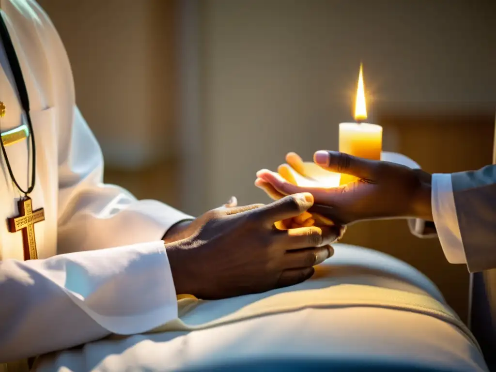 Un sacerdote administra el sacramento de la unción a un paciente en un hospital, con una atmósfera de paz y esperanza