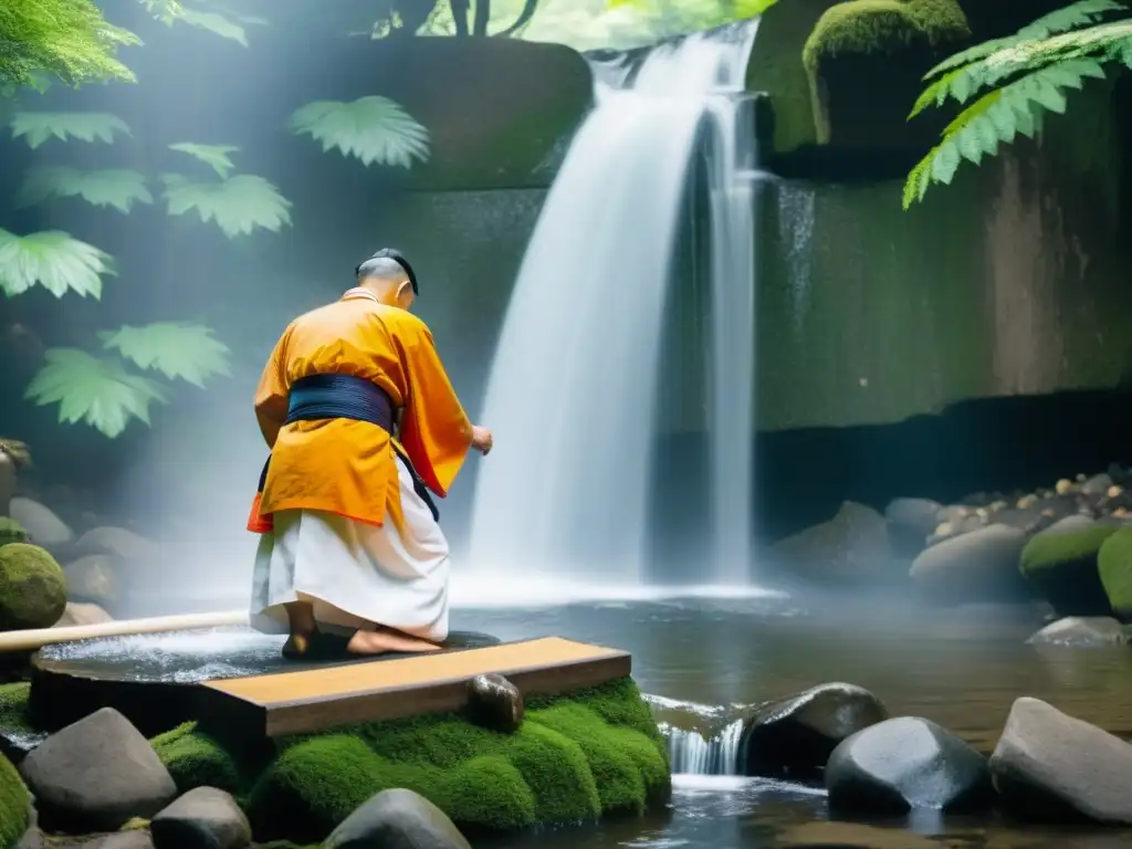 Un sacerdote Shinto realiza el ritual de purificación Misogi bajo una cascada, en medio de una atmósfera espiritual y vibrante