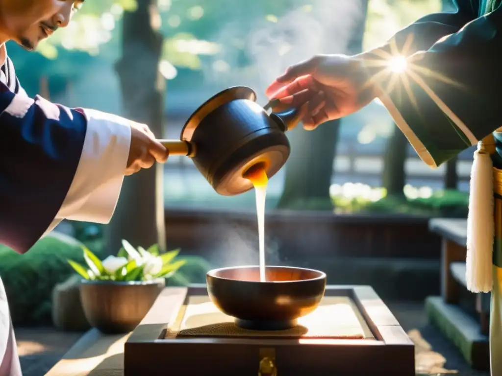 Purificación espiritual en santuario japonés Un sacerdote Shinto vierte sake sobre un adorador en un ritual de purificación, evocando solemnidad y conexión espiritual