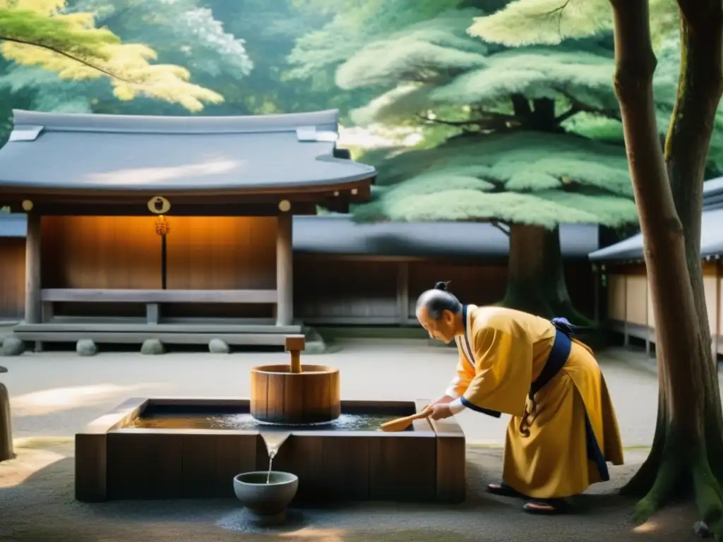 Un sacerdote sintoísta realizando la práctica de purificación temizu en un temizuya, sumergido en una atmósfera serena y sagrada