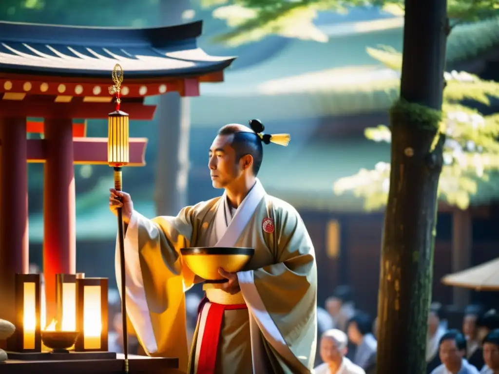 Un sacerdote sintoísta ejecuta un ritual de purificación en el Gion Matsuri