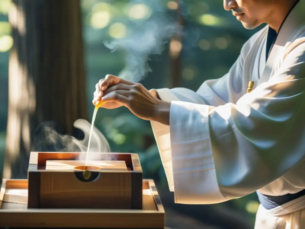 Un sacerdote sintoísta vierte sake en caja de ofrendas en bosque sagrado, en ritual de purificación