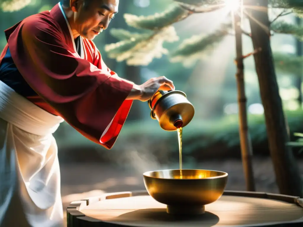 Un sacerdote sintoísta japonés vierte sake en una copa ceremonial en un bosque sereno, evocando los rituales sintoístas en festividades japonesas