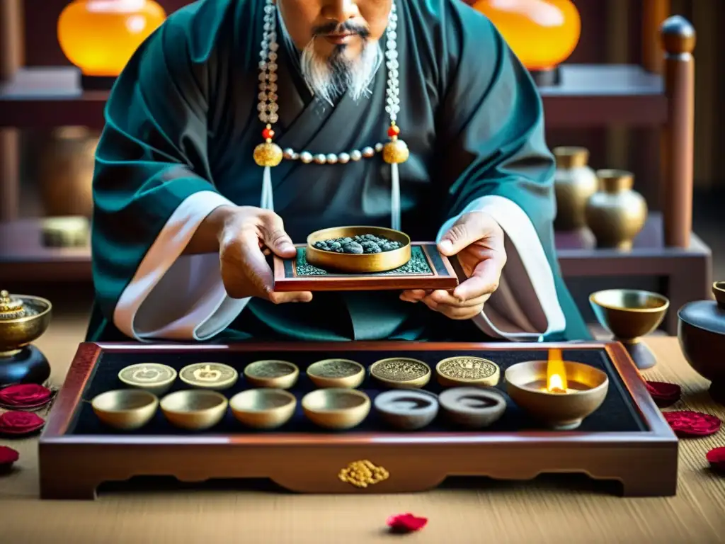 Un sacerdote taoísta realiza un ritual del I Ching con monedas antiguas en un ambiente sagrado y místico