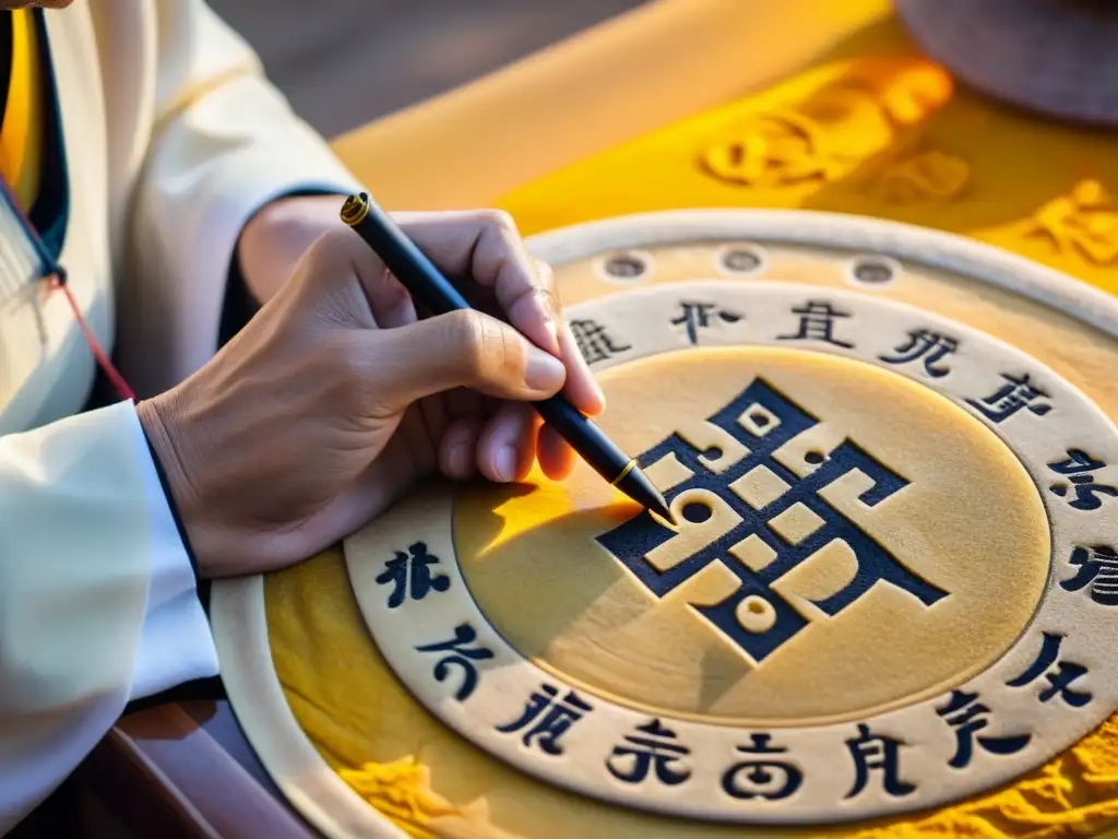 Un sacerdote taoísta inscribe símbolos en un pergamino amarillo, rodeado de artefactos ceremoniales